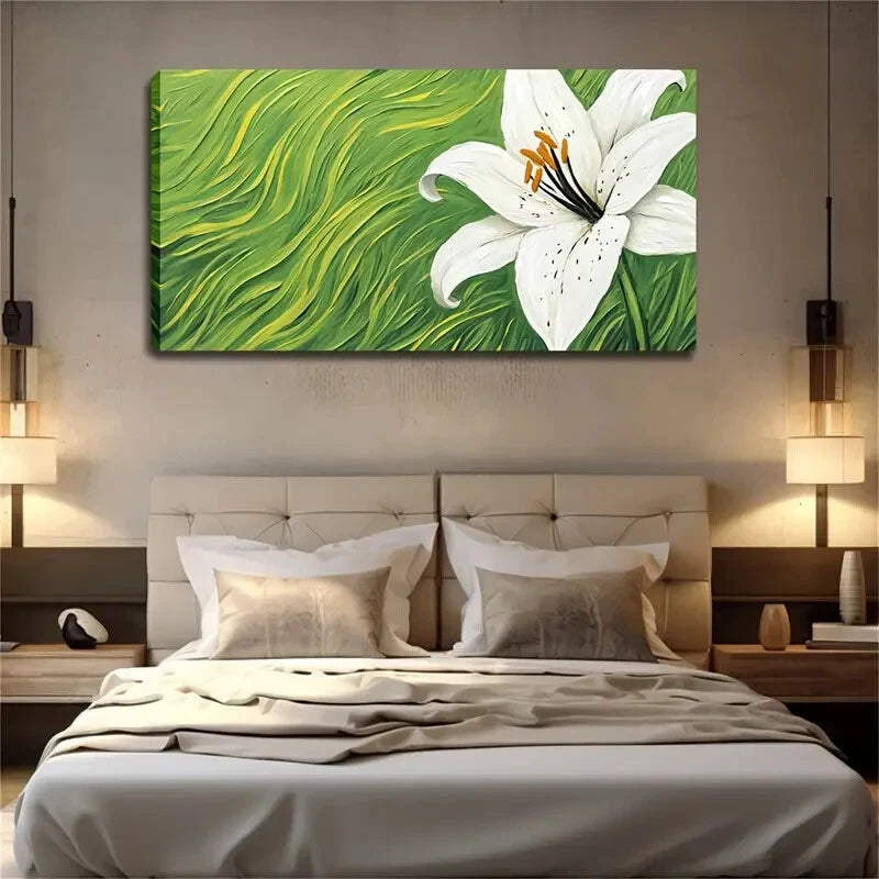 Blooming White Lily Grass Wall Art Canvas Office Home Room Framed 120x60cm - Bella Home Decor