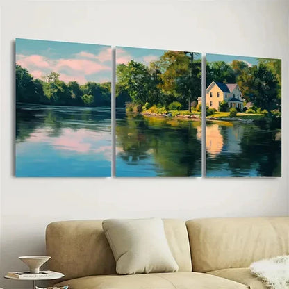 3pcs Lake Winchester Connecticut, Lake Wall Art Set Canvas Unframed - High Quality Print 100% Australian Made Wall Canvas - Bella Home Decor