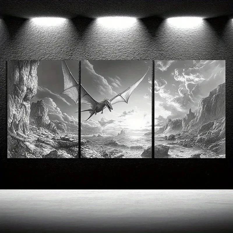 3pcs Dragons Flying On The Coast Black & White Metal Print Ready to Hang Art - Bella Home Decor