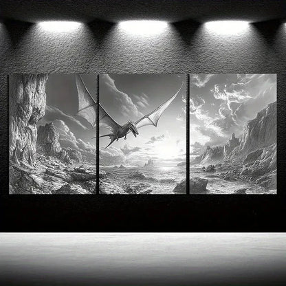 3pcs Dragons Flying On The Coast Black & White Metal Print Ready to Hang Art - Bella Home Decor