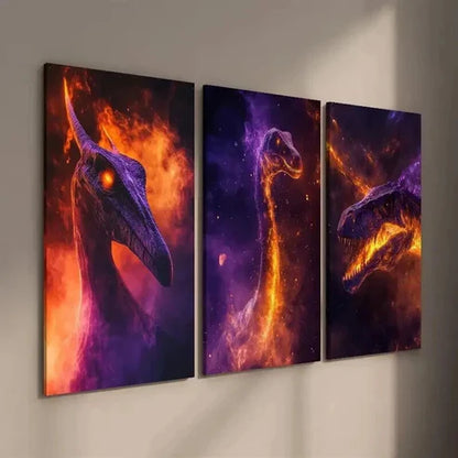 3pcs Jurassic Dinosaur with Vibrant Flame Wall Art Canvas Unframed - High Quality Print 100% Australian Made Wall Canvas