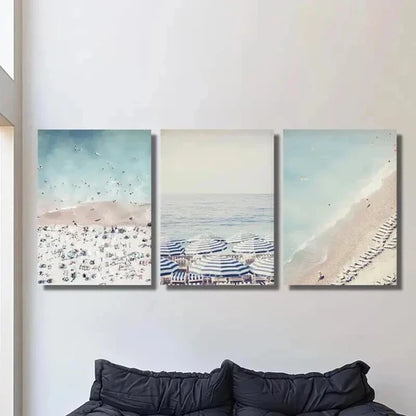 3pcs Blue and White Umbrella & Beach Scene Wall Art Canvas Unframed - High Quality Print 100% Australian Made Wall Canvas - Bella Home Decor