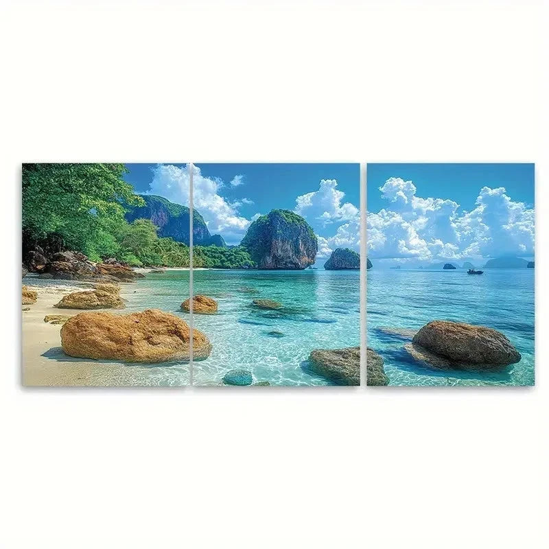 3pcs Serene Seascape Krabi Island Rocks  Wall Art Set Canvas Framed 40x60cm - High Quality Print 100% Australian Made Wall Canvas Ready to Hang - Bella Home Decor