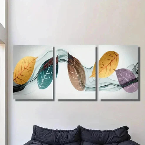 3pcs Fashionable Gold Blue Purple Leaves Wall Art Set Canvas Unframed - High Quality Print 100% Australian Made Wall Canvas