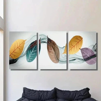 3pcs Fashionable Gold Blue Purple Leaves Wall Art Set Canvas Unframed - High Quality Print 100% Australian Made Wall Canvas