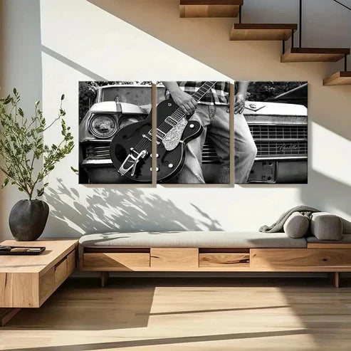 3pcs Black & White Guitar & Musical Instrument Wall Art Canvas Unframed - High Quality Print 100% Australian Made Wall Canvas - Bella Home Decor