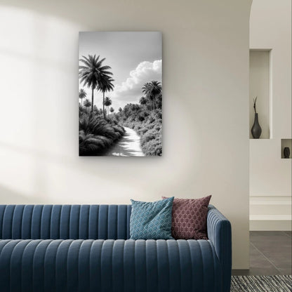 Minimalist Black and White Palm Tree Path 40x60cm Metal Print Ready to Hang