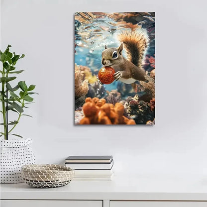 Vibrant Underwater Squirrel Scene with Coral Painting 40x60cm Metal Print Ready to Hang - Bella Home Decor