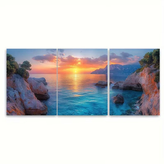 3pcs Spring Sunrise Over Milazzo Cape Wall Art Set Canvas Framed 40x60cm - High Quality Print 100% Australian Made Wall Canvas Ready to Hang