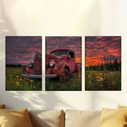 3pcs red truck in field of flowers Wall Art Canvas Unframed - High Quality Print 100% Australian Made Wall Canvas