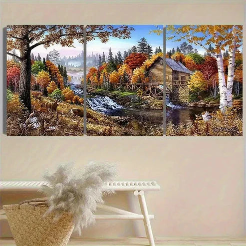 3pcs Autumn Cabin Landscape Wall Art Canvas Unframed - High Quality Print 100% Australian Made Wall Canvas - Bella Home Decor