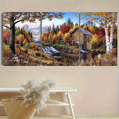3pcs Autumn Cabin Landscape Wall Art Canvas Unframed - High Quality Print 100% Australian Made Wall Canvas - Bella Home Decor