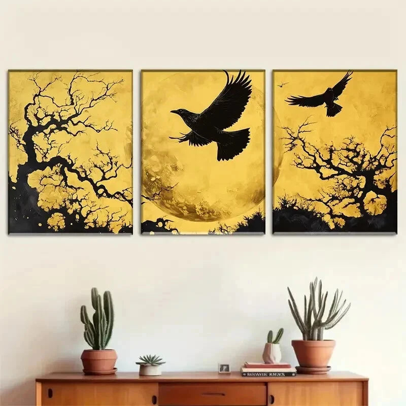 3pcs Moonlit Raven Flying Crows Golden Perfect Wall Art Set Canvas Framed 60x90cm - High Quality Print 100% Australian Made Wall Canvas Ready to Hang - Bella Home Decor