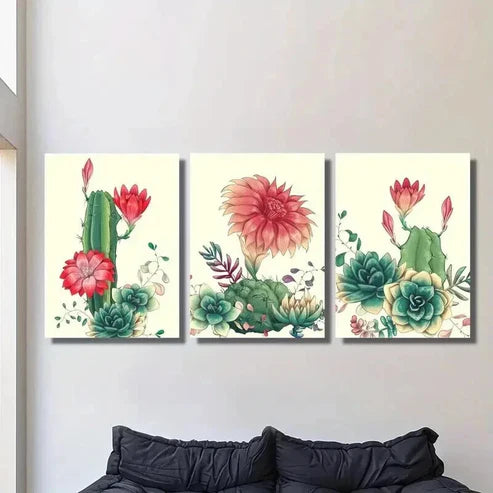 3pcs Cactus with Red Flowers Painting Wall Art Canvas Unframed – High Quality Print 100% Australian Made Wall Canvas - Bella Home Decor