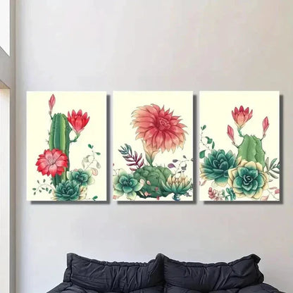 3pcs Cactus with Red Flowers Painting Wall Art Canvas Unframed – High Quality Print 100% Australian Made Wall Canvas - Bella Home Decor