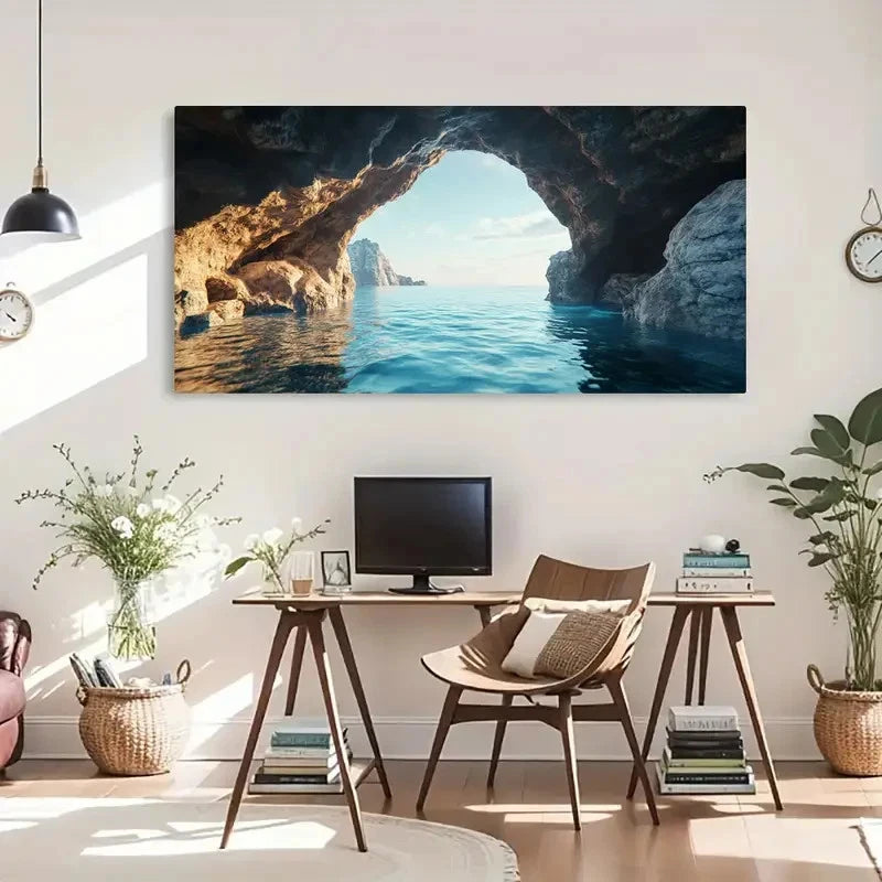 Vibrant Blue Sea And Rocks Wall Art Canvas Office Home Room Framed 120x60cm - Bella Home Decor