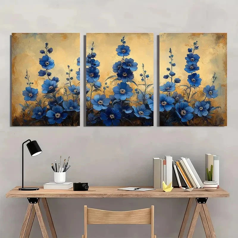 3pcs Larkspur Flower Beige Delphinium Perfect Wall Art Set Canvas Framed 40x60cm - High Quality Print 100% Australian Made Wall Canvas Ready to Hang
