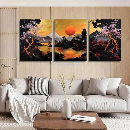 3pcs Japanese Sunset Landscape Golden Perfect Wall Art Set Canvas Framed 60x90cm - High Quality Print 100% Australian Made Wall Canvas Ready to Hang - Bella Home Decor