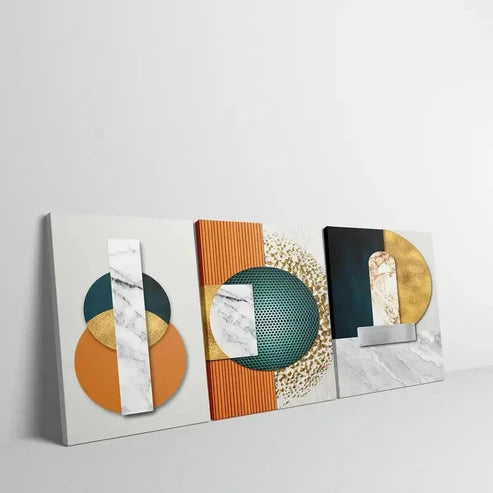 3pcs Golden White and Teal Geometric Design Art Set Canvas Unframed - High Quality Print 100% Australian Made Wall Canvas