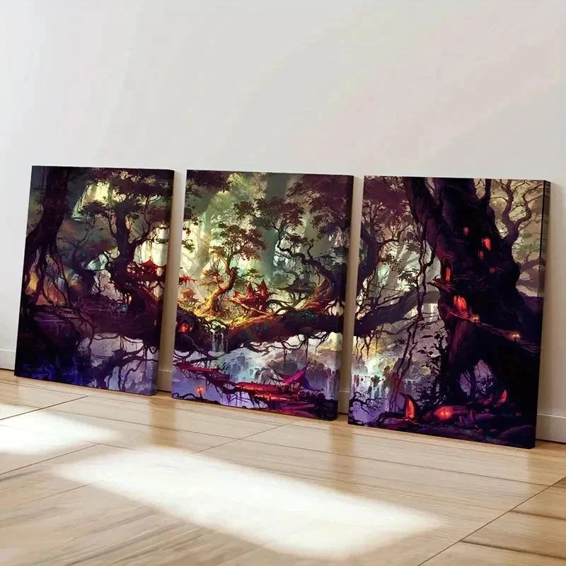 3pcs Fantasy Tree House Vintage Wall Art Set Canvas Framed 40x60cm - High Quality Print 100% Australian Made Wall Canvas Ready to Hang - Bella Home Decor