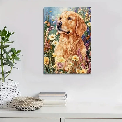 Featuring a Cute Golden Retriever Among Flowers 40x60cm Metal Print Ready to Hang