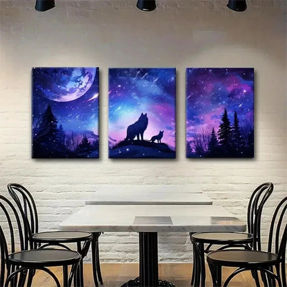 3pcs Wolf Moon Wolves Under Starry Night Perfect Wall Art Set Canvas Framed 60x90cm - High Quality Print 100% Australian Made Wall Canvas Ready to Hang - Bella Home Decor