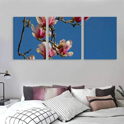 3pcs Pink & White Magnolia Branches on Blue Sky  Wall Art Set Canvas Framed 50x70cm - High Quality Print 100% Australian Made Wall Canvas Ready to Hang