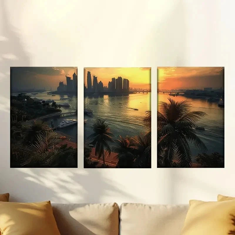 3pcs Colorful Abstract Sunset City Wall Art Set Canvas Framed 60x90cm - High Quality Print 100% Australian Made Wall Canvas Ready to Hang - Bella Home Decor