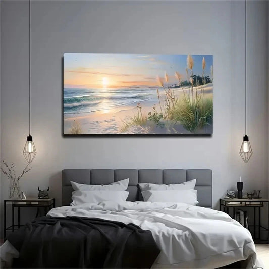 Gold Sunset Sandy Seaside Wall Art wall canvas office home room framed 120x60cm - Bella Home Decor