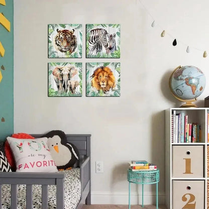 4pcs Tiger, Lion, Elephant & Zebra  Wall Art Canvas Framed