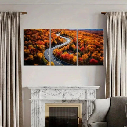 3pcs Golden Leaves Road Modern Decoration Wall Art Set Canvas Framed 50x70cm - High Quality Print 100% Australian Made Wall Canvas Ready to Hang - Bella Home Decor
