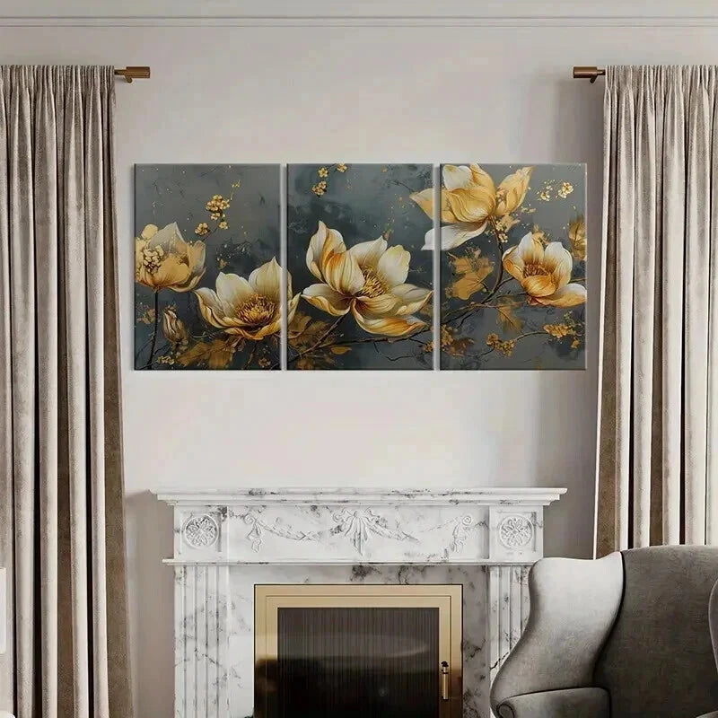 3pcs Elegant Golden Floral Decoration Wall Art Set Canvas Framed 60x90cm - High Quality Print 100% Australian Made Wall Canvas Ready to Hang - Bella Home Decor
