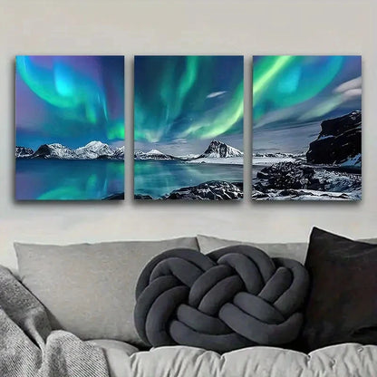 3pcs Aurora Borealis Over Mountains Wall Art Set Canvas Framed 50x70cm - High Quality Print 100% Australian Made Wall Canvas Ready to Hang - Bella Home Decor