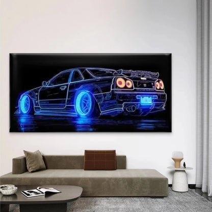 Sports Car Vibrant Blue & Red Wall Art Canvas Office Home Room Framed 120x60cm