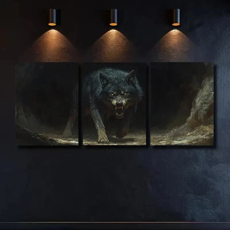 3pcs Glowing Yellow Eyes Wolf Mural Wall Art Set Canvas Framed 50x70cm - High Quality Print 100% Australian Made Wall Canvas Ready to Hang