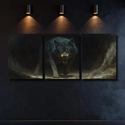 3pcs Glowing Yellow Eyes Wolf Mural Wall Art Set Canvas Framed 50x70cm - High Quality Print 100% Australian Made Wall Canvas Ready to Hang