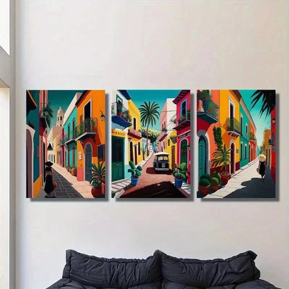 3pcs Colorful Retro Mexican Street Mural Perfect Wall Art Set Canvas Framed 40x60cm - High Quality Print 100% Australian Made Wall Canvas Ready to Hang - Bella Home Decor