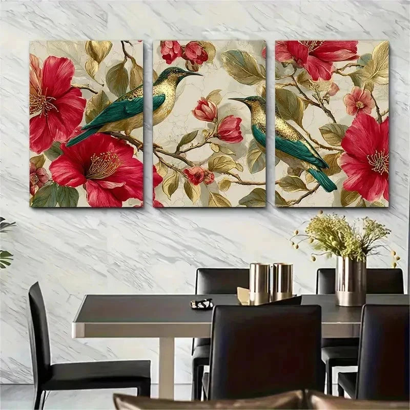 3pcs Elegant Golden Bird Print Floral Perfect Wall Art Set Canvas Framed 50x70cm - High Quality Print 100% Australian Made Wall Canvas Ready to Hang