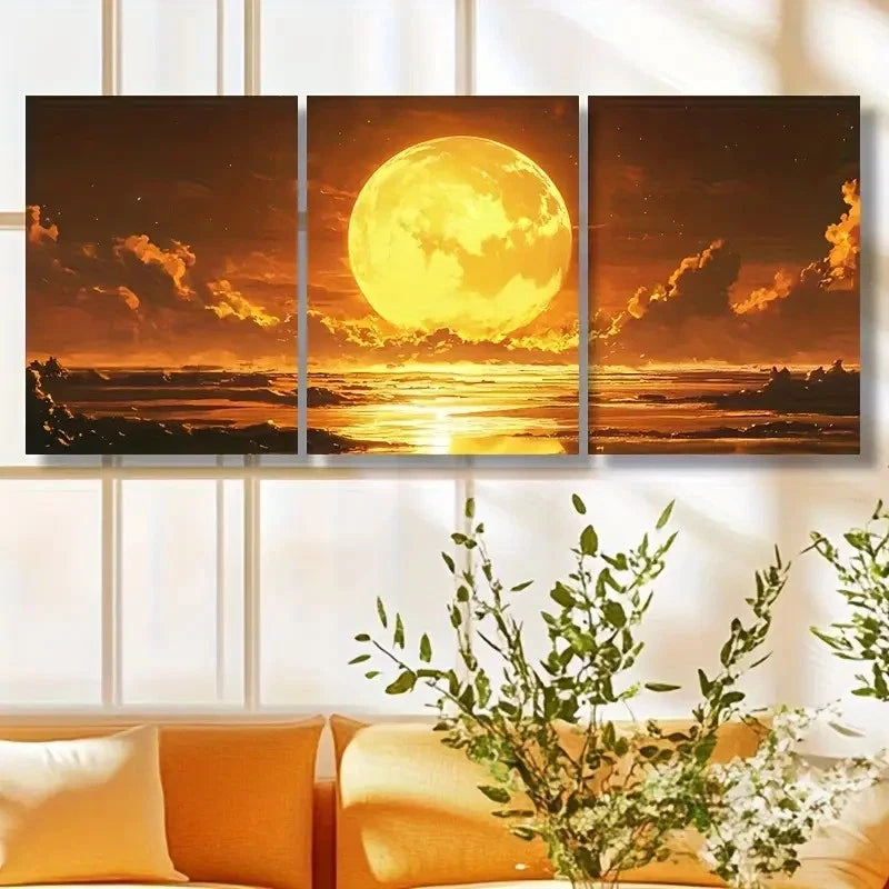 3pcs Vibrant Moonrise Over Golden Sunset Wall Art Set Canvas Framed 40x60cm - High Quality Print 100% Australian Made Wall Canvas Ready to Hang