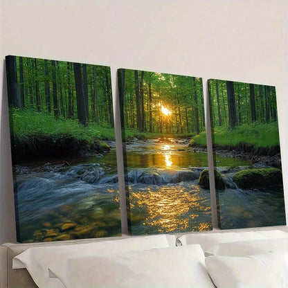 3pcs Serene Forest Sunlit Green Trees River Wall Art Set Canvas Framed 50x70cm - High Quality Print 100% Australian Made Wall Canvas Ready to Hang