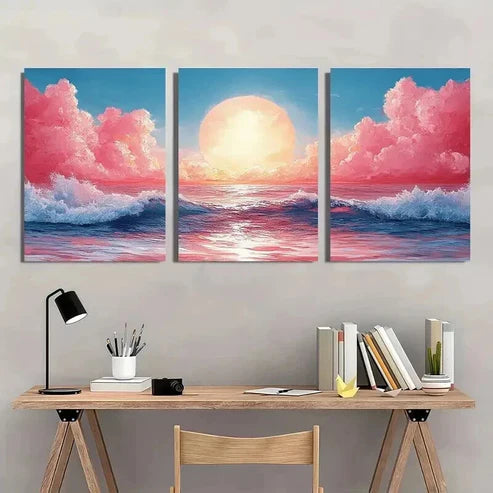 3pcs Ocean Waves Sunset & Pink Clouds Wall Art Canvas Unframed - High Quality Print 100% Australian Made Wall Canvas