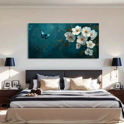 Turquoise & White Floral Spring Wall Art Canvas Office Home Room Framed 120x60cm