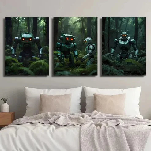 3pcs Futuristic Robots in the Forest Wall Art Set Canvas Unframed - High Quality Print 100% Australian Made Wall Canvas - Bella Home Decor