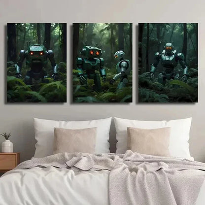 3pcs Futuristic Robots in the Forest Wall Art Set Canvas Unframed - High Quality Print 100% Australian Made Wall Canvas - Bella Home Decor