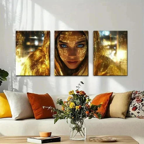 3pcs Futuristic Cyberpunk Golden Face Perfect Wall Art Canvas Unframed - High Quality Print 100% Australian Made Wall Canvas - Bella Home Decor