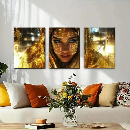 3pcs Futuristic Cyberpunk Golden Face Perfect Wall Art Canvas Unframed - High Quality Print 100% Australian Made Wall Canvas - Bella Home Decor