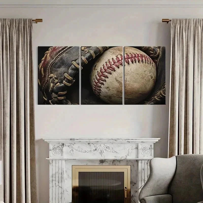 3pcs Vintage Baseball Glove and Ball Wall Art Set Canvas Framed 50x70cm - High Quality Print 100% Australian Made Wall Canvas Ready to Hang