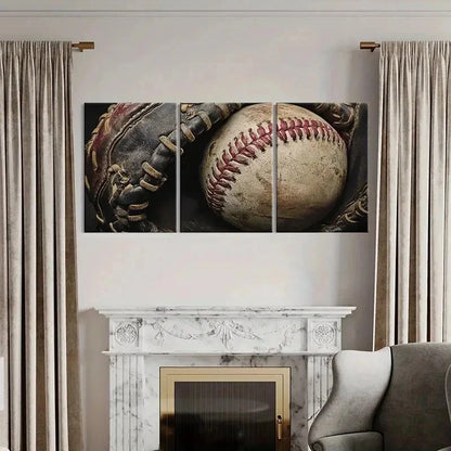 3pcs Vintage Baseball Glove and Ball Wall Art Set Canvas Framed 50x70cm - High Quality Print 100% Australian Made Wall Canvas Ready to Hang