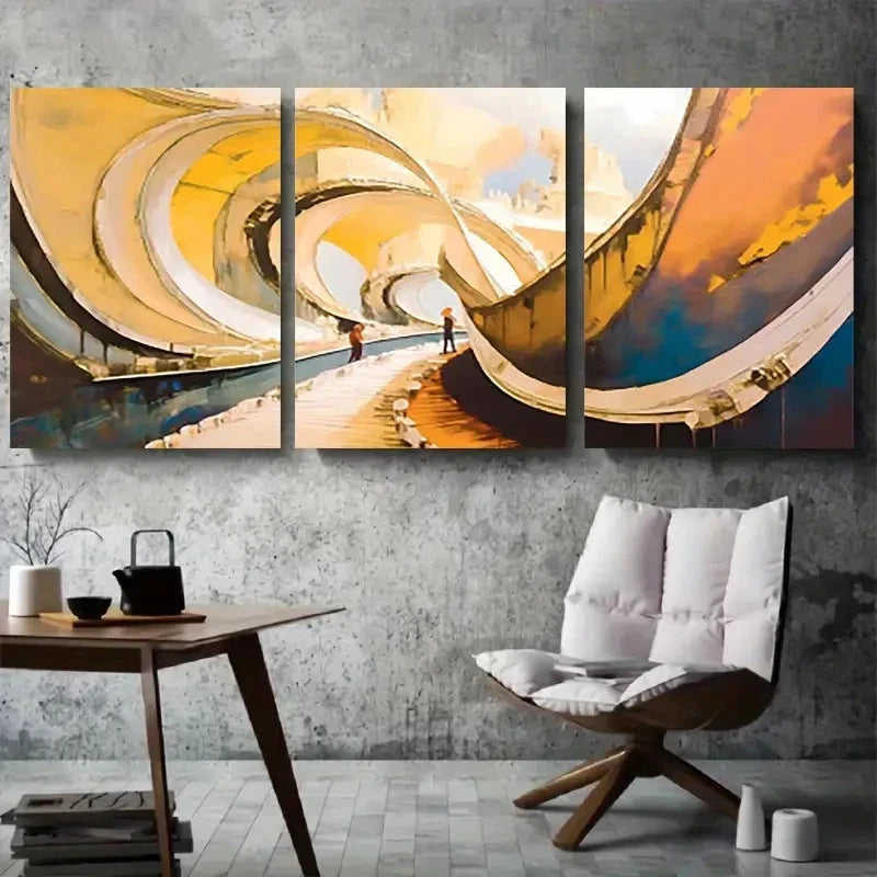 3pcs Abstract Golden Loop Bridge Metal Print Ready to Hang Art - Bella Home Decor