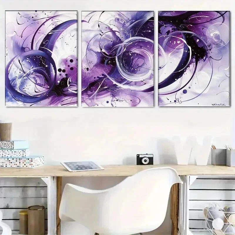 3pcs Abstract Purple Modern Fluid Swirl Perfect Wall Art Set Canvas Framed 60x90cm - High Quality Print 100% Australian Made Wall Canvas Ready to Hang - Bella Home Decor